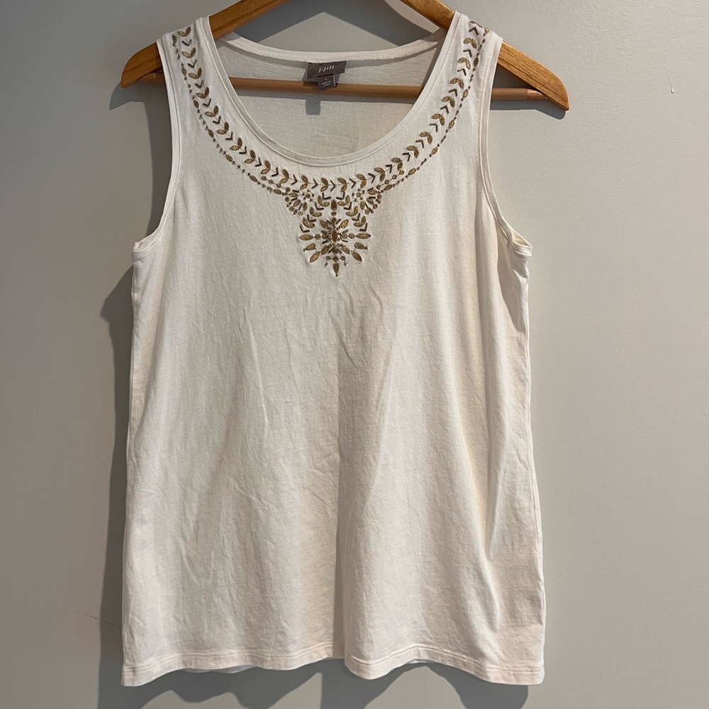 J.Jill Cream Ivory Sleeveless Tank Top Gold Beaded Embellished Artsy Small